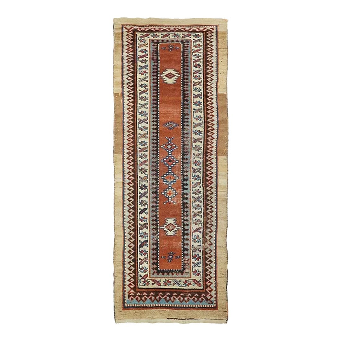 Late 18th Century Antique Bakshayesh Runner 3'6'' x 9'7'': In the Caucasian Talish mode with a narrow madder field displaying a short pole medallion and two ivory ashiks. Abrashed plain camel-tone outer border. Main border of stars and diagonal bars. Wool