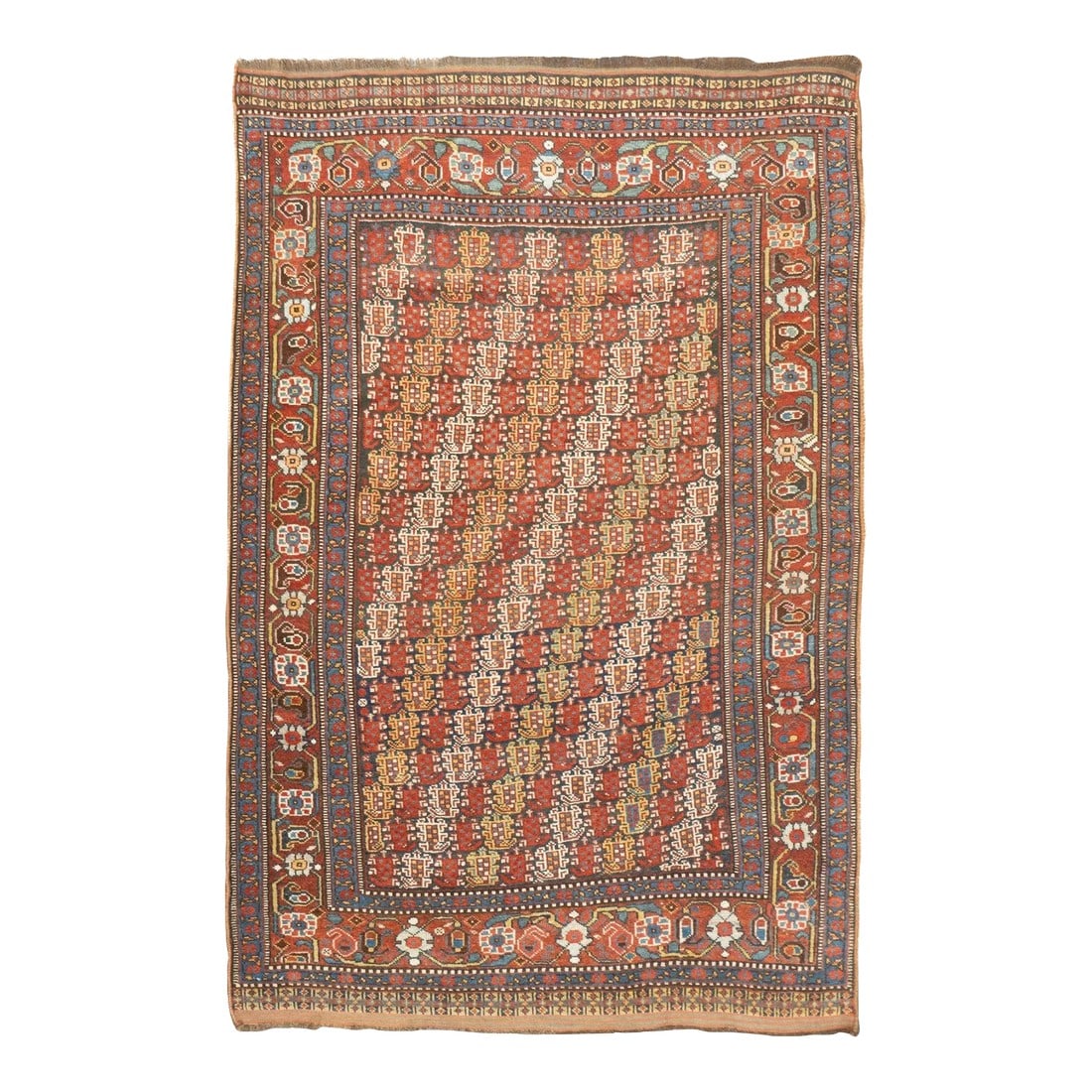 Late 18th Century Antique Persian Khamseh Rug 4'3'' x 6'4'': The non-Qashghai tribes in SW Persia weaving a wide variety of geometric and abstract scatters and bagfaces. The best weavers are the Baharlu of Turkic descent, Both symmetric and asymmetric knots;