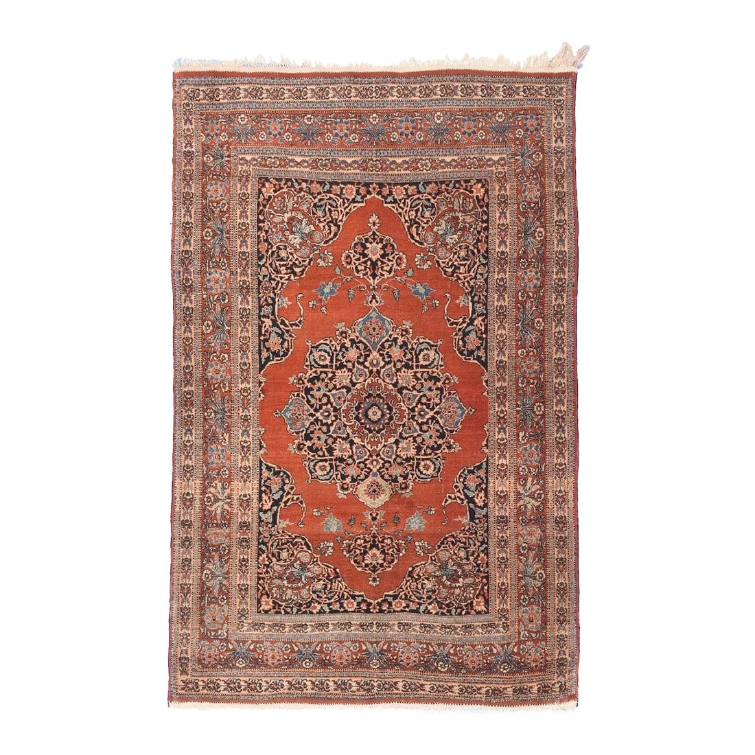 Antique Tabriz Rug 4'4'' x 6'9'': Northwestern Persia This urban carpet clearly shows a Heriz influence, with its semi-geometric drawing of a buff octofoil medallion centred by a light blue concentric sub-medallion. The ragged