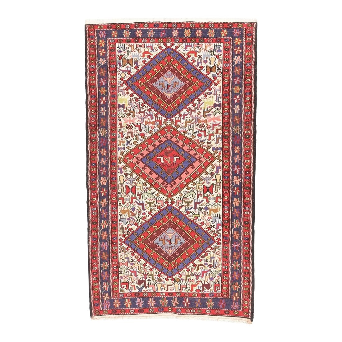 Vintage Persian Sumak Rug 3'8'' X 6'5'': A technique rather than a specific type, in which warps are wrapped by colored wefts to create a pattern. Caucasian, Turkish, Persian and other types. Produces a flat surface, pileless rug which may