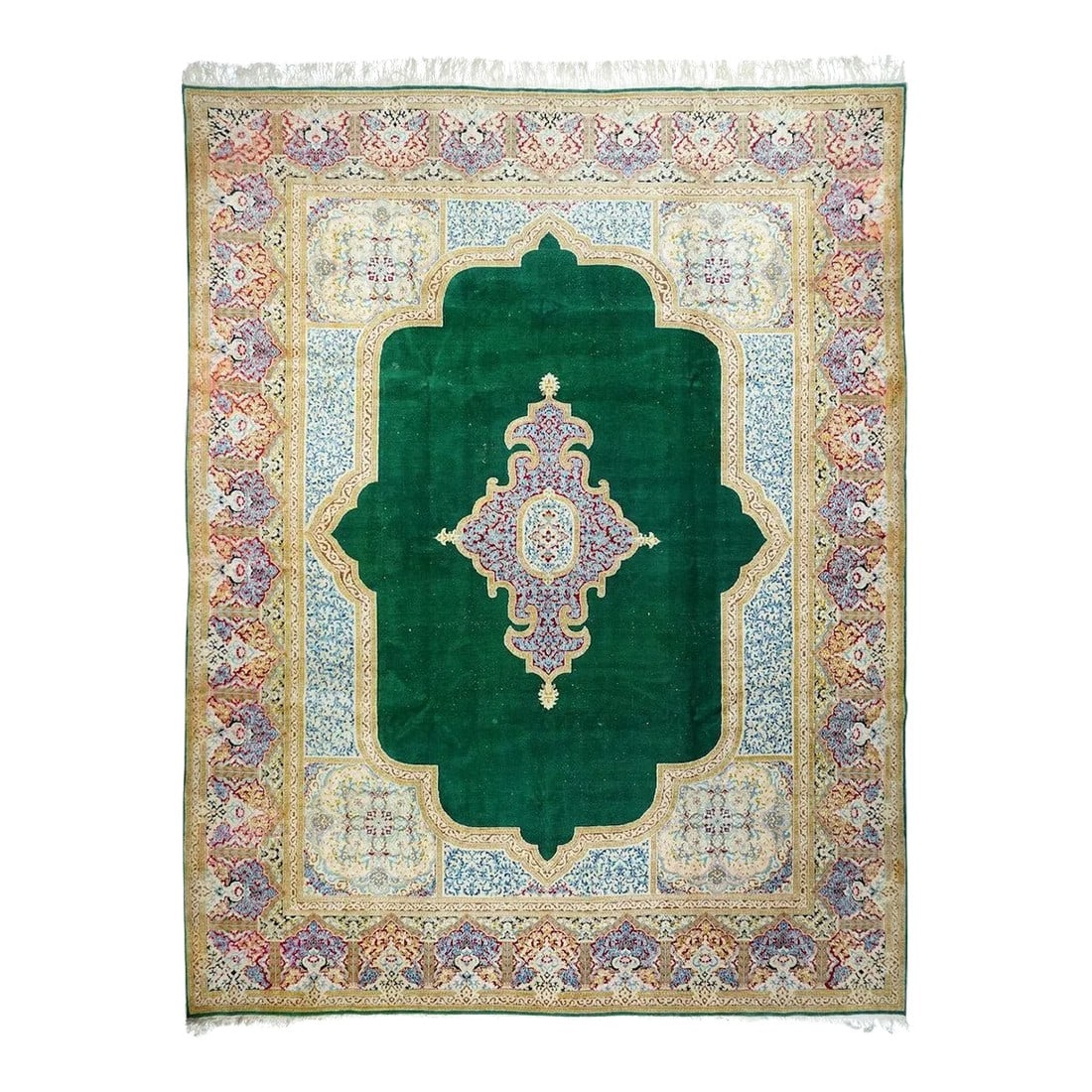 Vintage Kerman Rug 9'1'' X 12'3'': Vintage Kerman Rug 9'1'' x 12'3''. SE Persian city, famous since 17th century for an artistic variety of scatter rugs and large carpets in medallion and allover styles, changing with export tastes. In