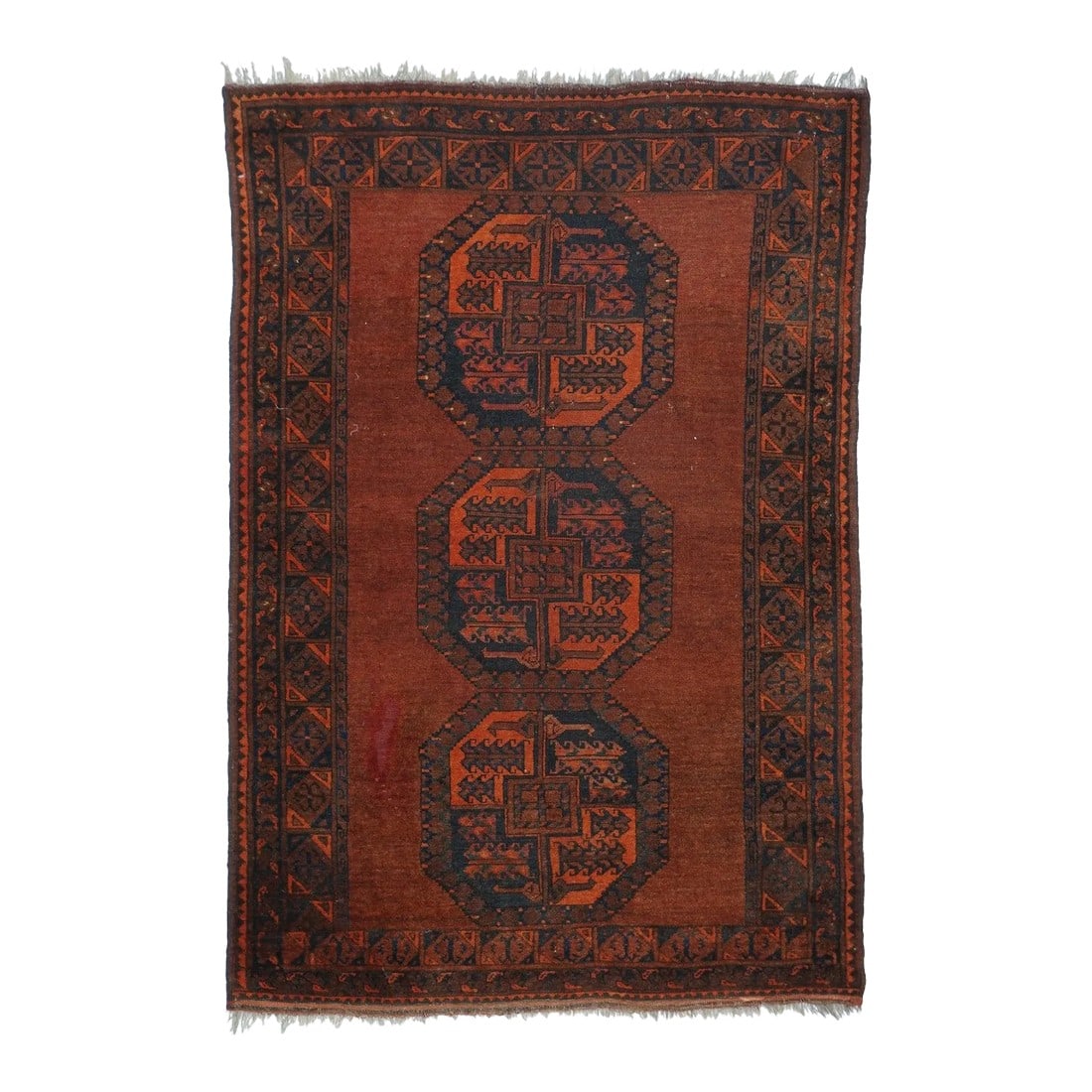 Vintage Afghan Rug 3'9'' X 5'5'': The primarily Ersari Turkmen pile tribal carpets of NW Afghanistan, characterized by red fields with repeating medallion (gul) designs, geometric drawing, relatively coarse all wool construction, in