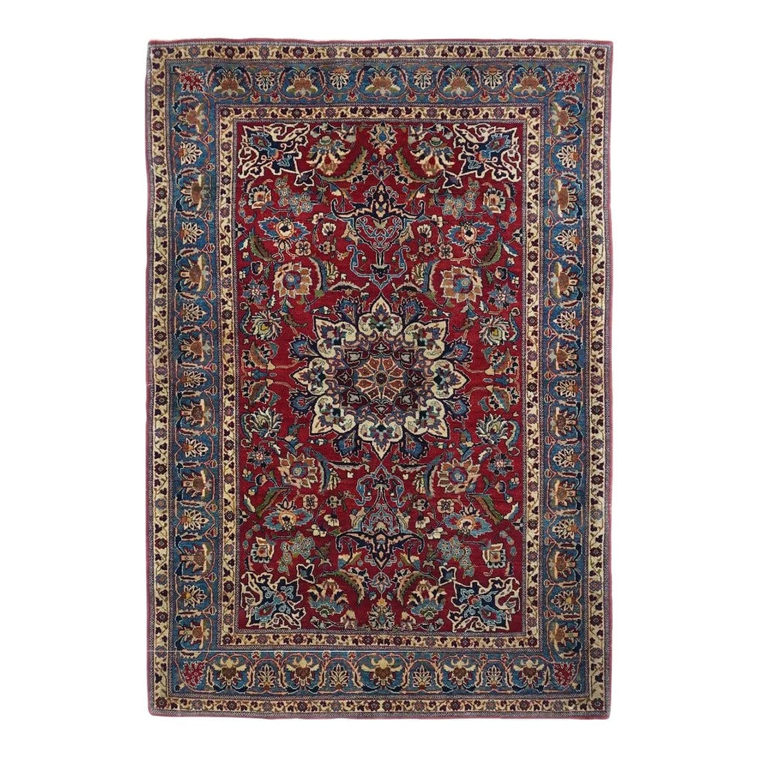 Antique Nain Rug 3'6'' x 5'2'': This very finely woven central Persian town small scatter shows a rich palette starting with the saturated red field which support a central ivory round medallion with eight spadiform points.
