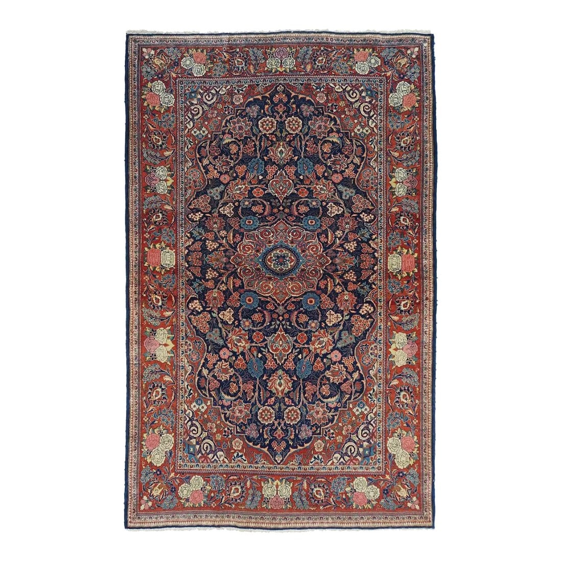 Vintage Persian Kashan Rug 4'8'' X 7'7'': This urban central Persian curvilinear scatter reverses the usual Kashan color arrangement with a dark blue field, decorated with rosettes, palmettes and lancet leaves, and a red border with