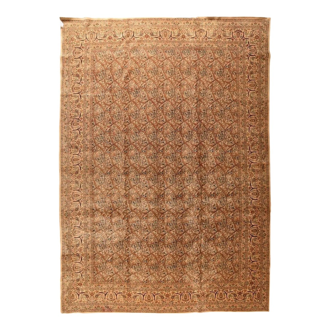 Antique Tabriz Rug 11'0'' x 16'2'': Northwestern Persia This urban carpet clearly shows a Heriz influence, with its semi-geometric drawing of a buff octofoil medallion centred by a light blue concentric sub-medallion. The ragged palette