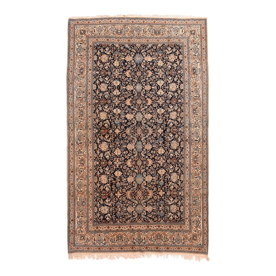 Extremely Fine Persian Habibian Wool and Silk Rug 5'5'' X 9'0'': A very closely woven large scatter from a central Persian town famous for its exceptionally well-made rugs and carpets, beginning in the 1930's. This structurally characteristic rug shows a deep navy 