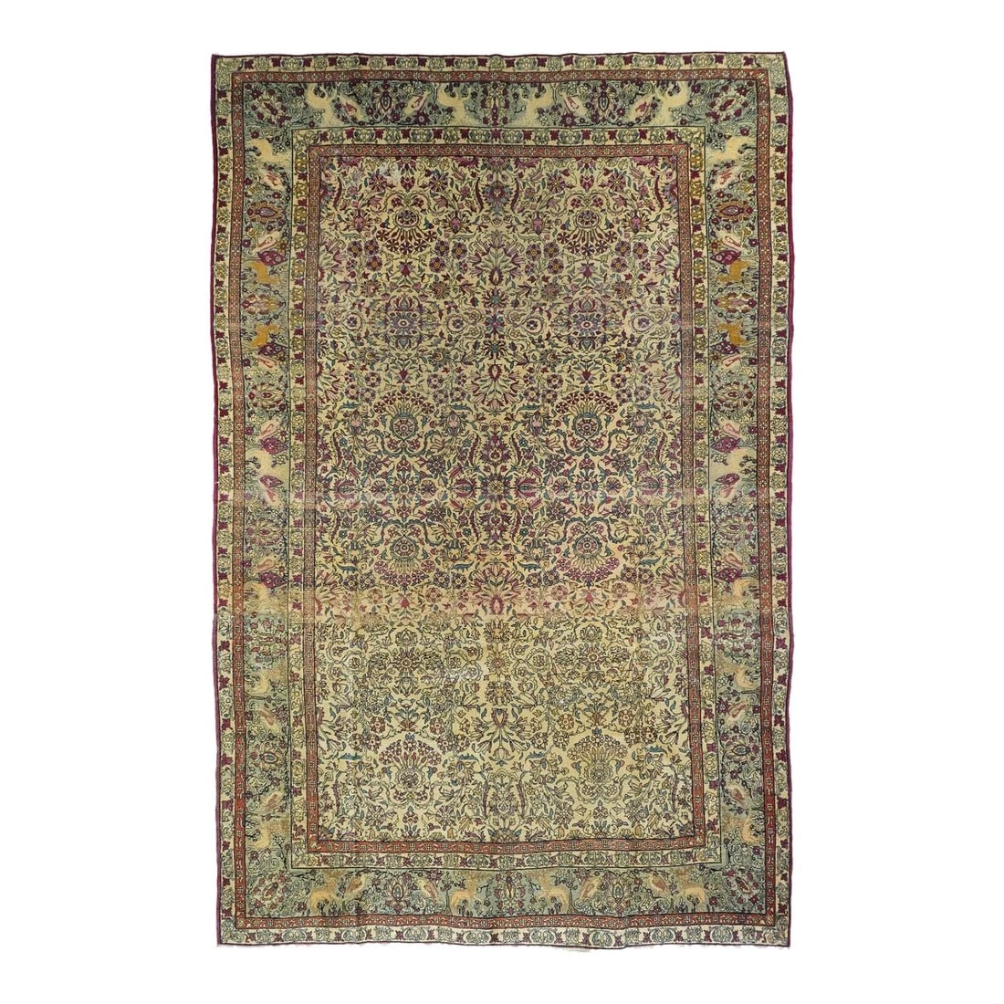 Antique Tehran Rug 6'6'' x 10'0'': In a popular Persian size, this finely woven, interwar city rug features a sandy-straw field with an allover pattern of cloud bands, palmettes, sprays of triple rosettes, palmette quatrefoils,