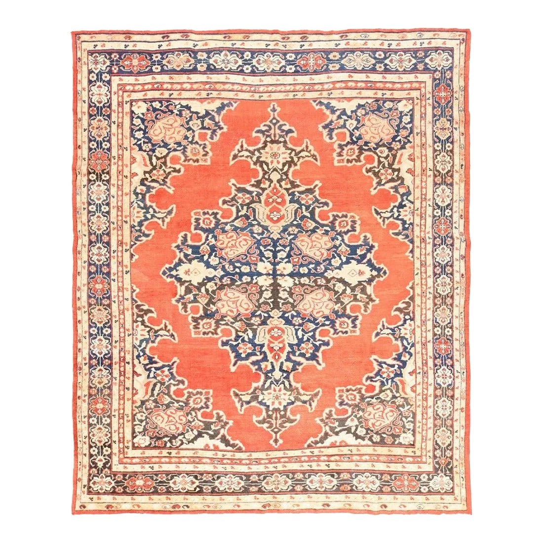 Late 18th Century Antique Sultanabad Rug 8'0'' x 10'5'': This attractive west Persian rustic carpet shows a well-filled, plain abrashed rust field centred by a dramatic chocolate and royal blue ragged and claws medallion with integral pendants, and centred 