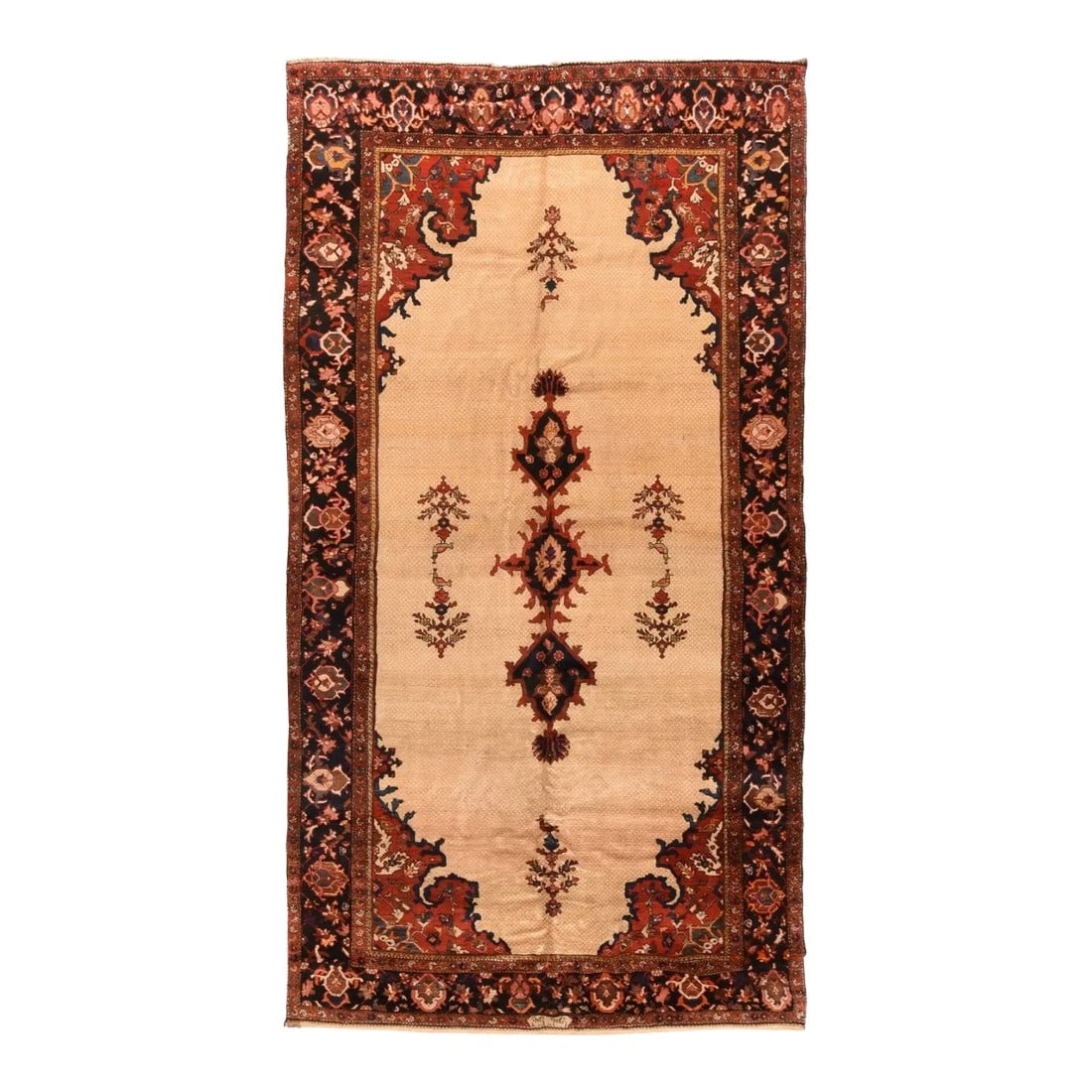 Antique Bakhtiari Rug 6'6'' x 12'3'': This very attractive west Persian village Kellegi (long rug) is well-woven on cotton, and shows an abrashed straw-eggshell and golden beige micro-lattice field supporting a small ragged hexagonal meda