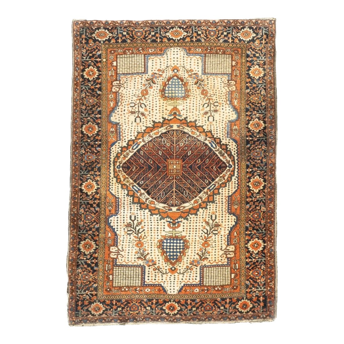 Late 18th Century Antique Persian Farahan Sarouk Rug 3'4'' x 4'11'': The scatter and room size pieces made in the Arak/Sultanabad area, between 1880 and 1910, with firm and leathery well-woven textures, and strong in red, navy and ecru tones, usually in medallion forma