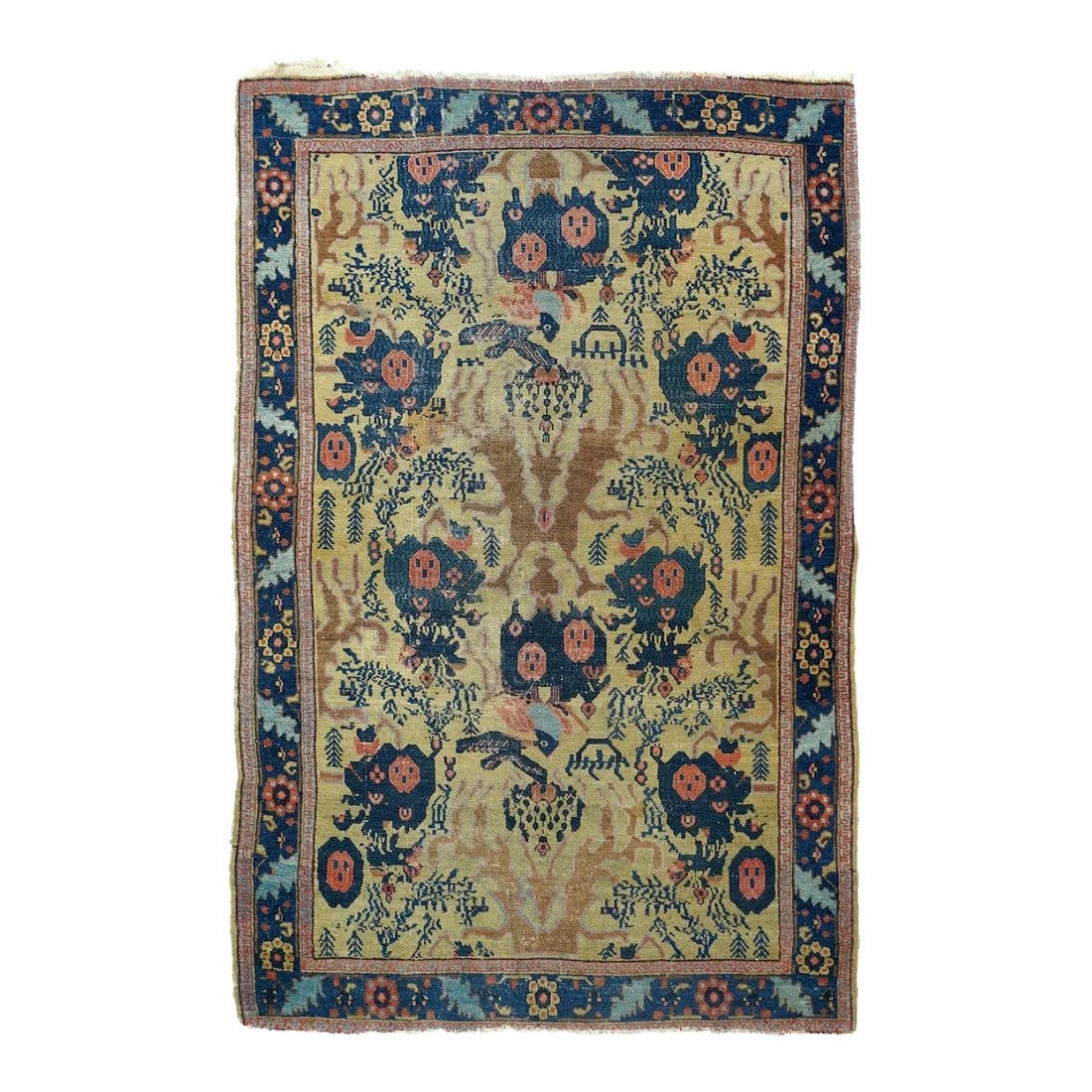 Late 18th Century Antique Senneh -One Of Pair Rug 3'1'' x 4'9'': The straw field presents a version of the allover Mustafi design with navy bouquets and rough rose "leaves". "Faces" in the pink octagons. Royal blue border with octogramme rosettes and slanted oak le