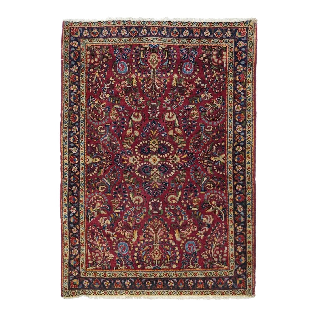 Antique Sarouk Rug 3'4'' x 5'0'': From Arak Province in western Persia, this village scatter in the "American" manner shows a red field with four ivory dot horseshoes centering a detached floral spray four way pattern. Navy narrow