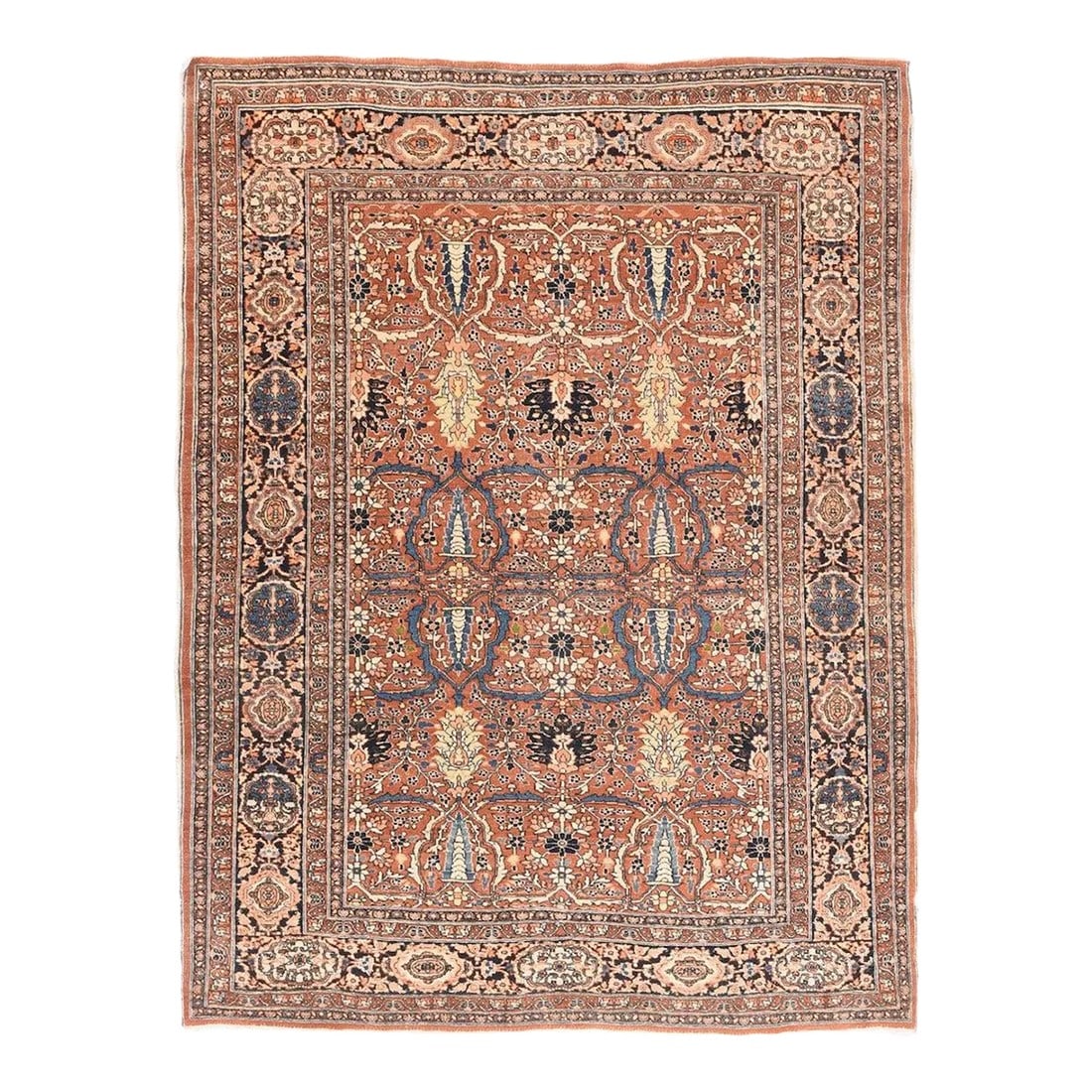 Late 18th Century Antique Tabriz Haji Jalili Rug 4'6'' x 5'10'': Northwestern Persia This urban carpet clearly shows a Heriz influence, with its semi-geometric drawing of a buff octofoil medallion centred by a light blue concentric sub-medallion. The ragged palette