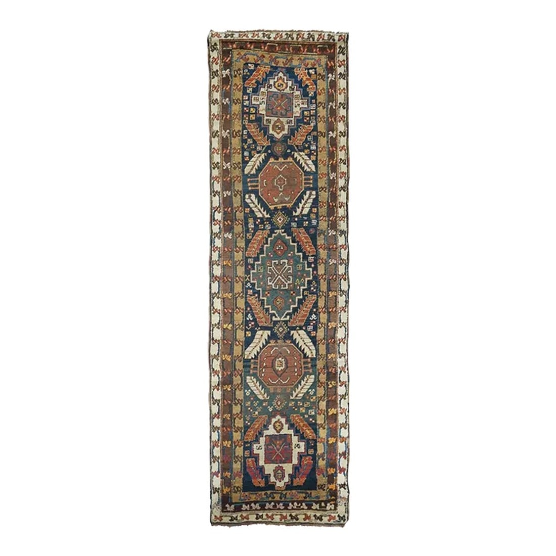 Late 18th Century Antique Heriz Rug 3'0'' x 10'8'': This boldly drawn NW Persian village Kenare (runner) shows a pattern of deeply serrated paired leaves supporting either red octagons, or green or ecru stepped upright lozenges, all on the navy field. 