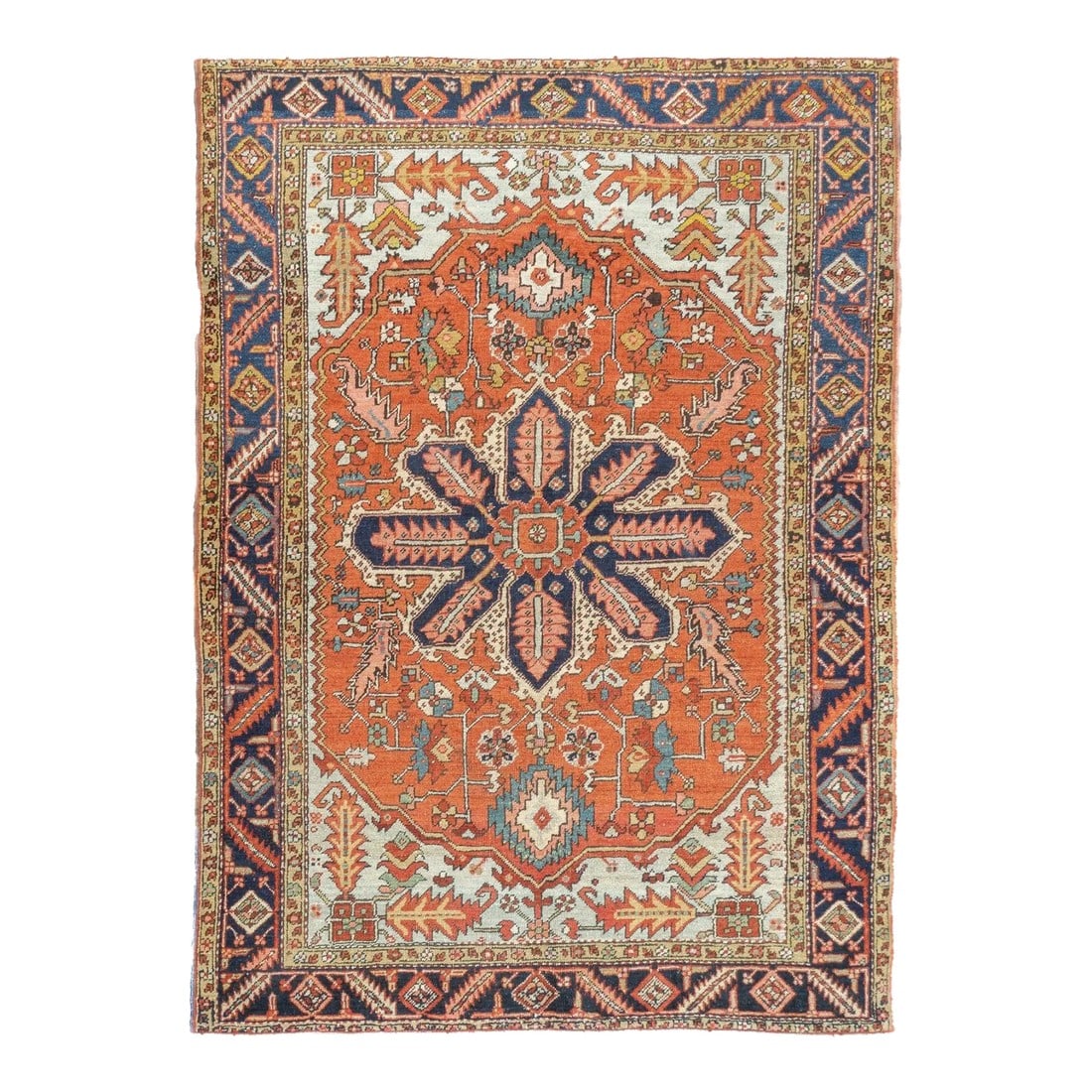 Late 18th Century Antique Persian Serapi Rug 5'1'' x 6'11'': A higher grade of Heriz carpets, usually in medallion designs, with crisp natural dyes, and primarily woven between 1900 and 1930. Red field, navy border is the most popular combination. Semi-geometri