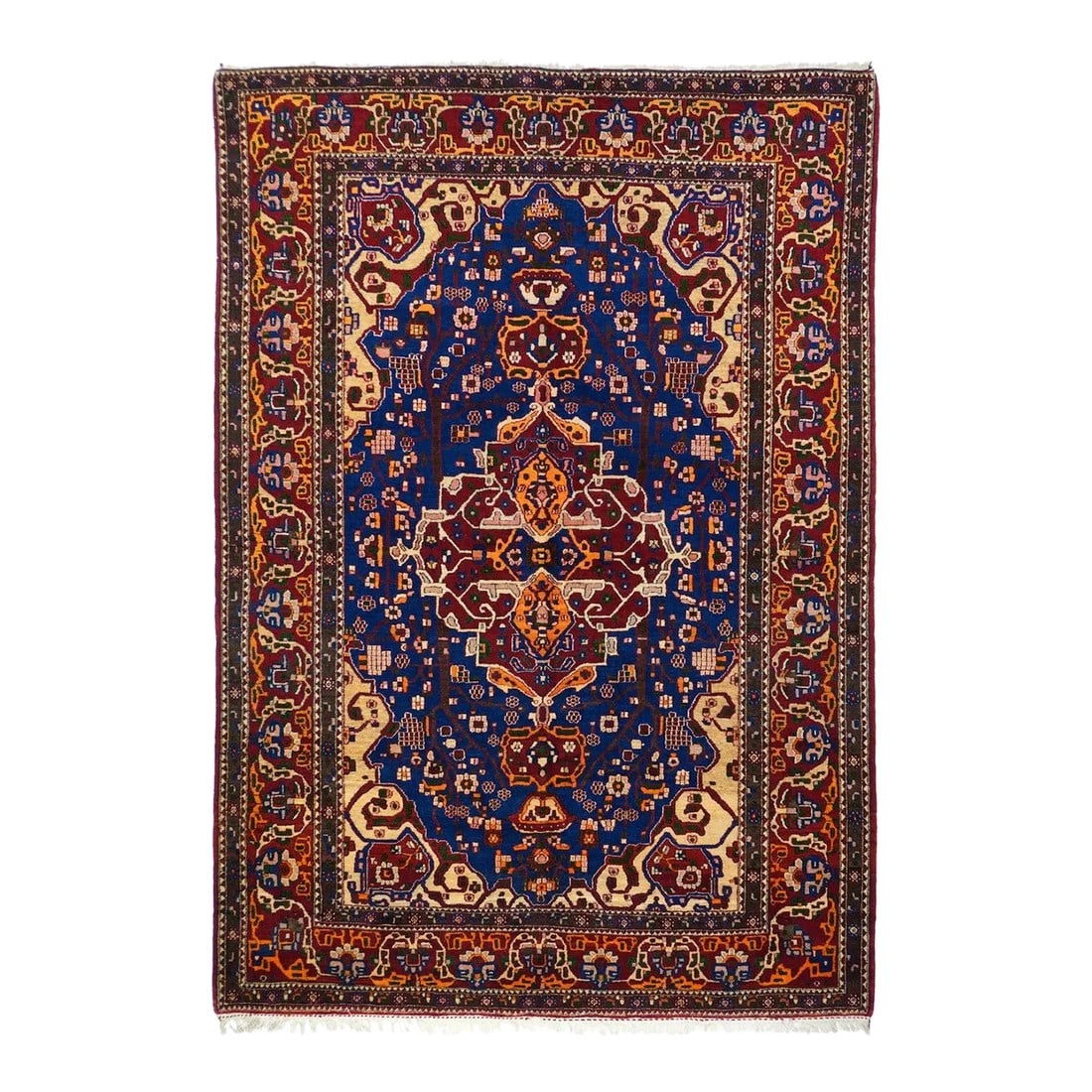 Vintage Isfahan Rug 4'9'' X 6'10'': Possibly from Najafabad village, this slightly more rustic central Persian scatter, shows a marginsally more angular drawing style in the red and ivory doubly pendanted medallion, the ornaments of