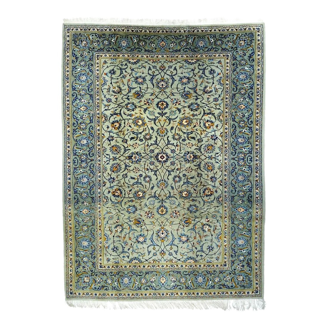 Vintage Persian Kashan Rug 7'3'' X 10'4'': Shades of light and royal blue accent the peal palmettes, forked arabesques and two-level vinery adorning the putty ground of this centrally organized central Persian finely woven city carpet. Green b
