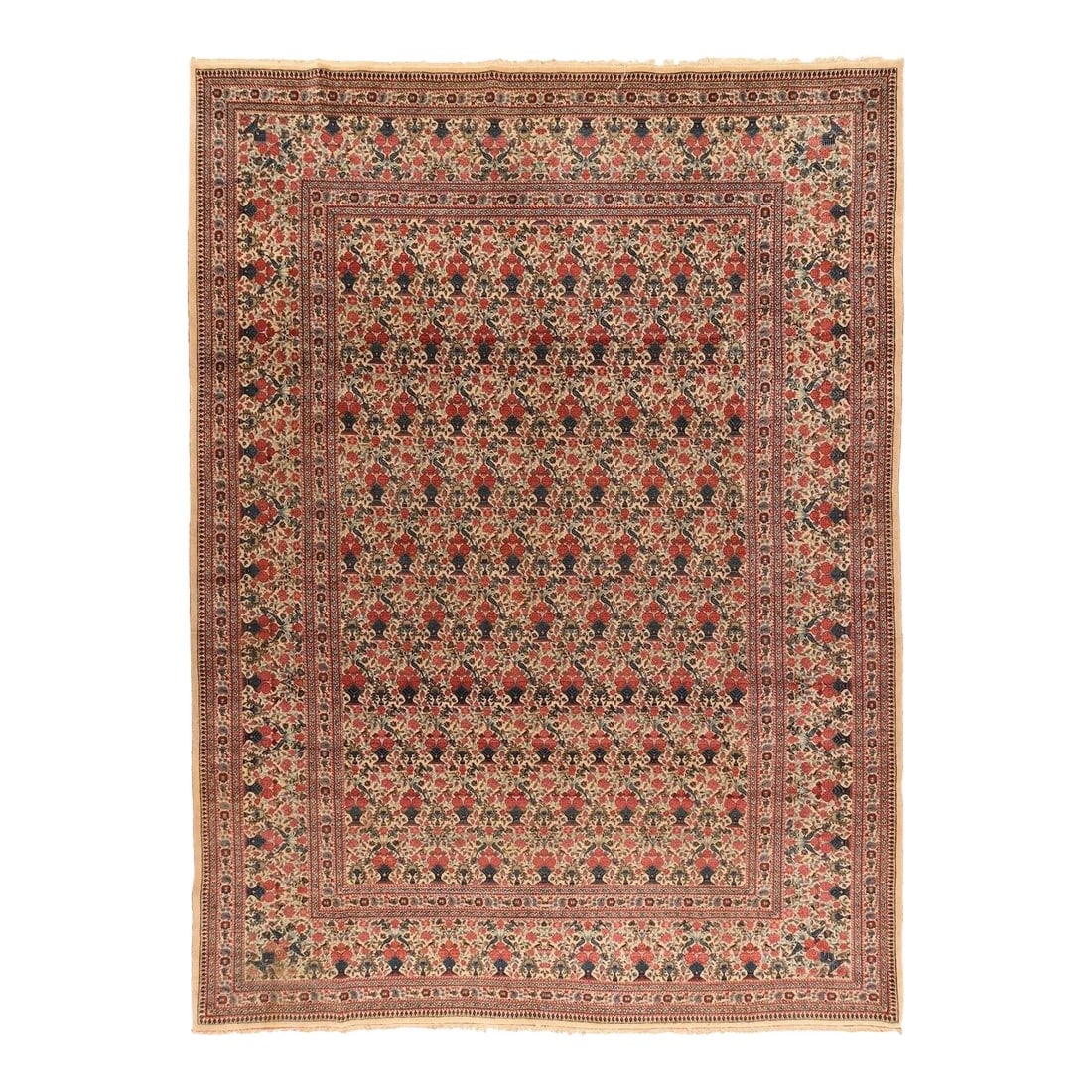 Antique Tehran Zele Sultan Rug 8'6'' x 11'9'': The allover Zil-i-Sultan ("shadow of the sultan" design was particularly popular in Persia in the later 19th century. This interpretation features offset rows of navy vases with red roses, on a