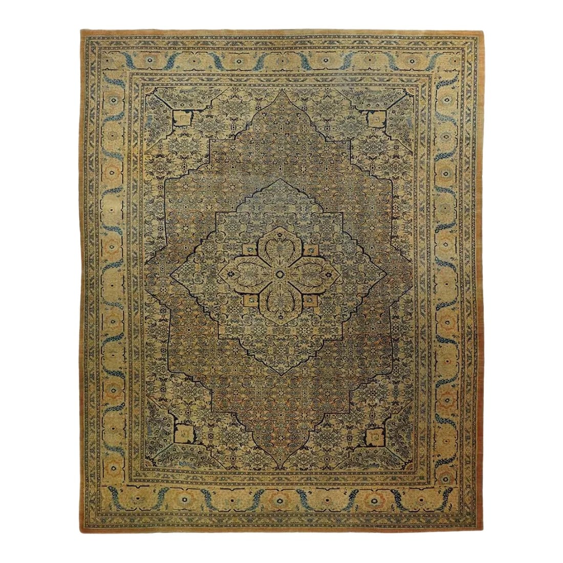 Late 18th Century Antique Tabriz Rug 9'1'' x 11'10'': This is a classic pre-WWI NW Persian urban fine weave carpet with a "bookcover" design of allover small Herati motives layered in the rust field, straw-sand medallion and the tonally en suite extended