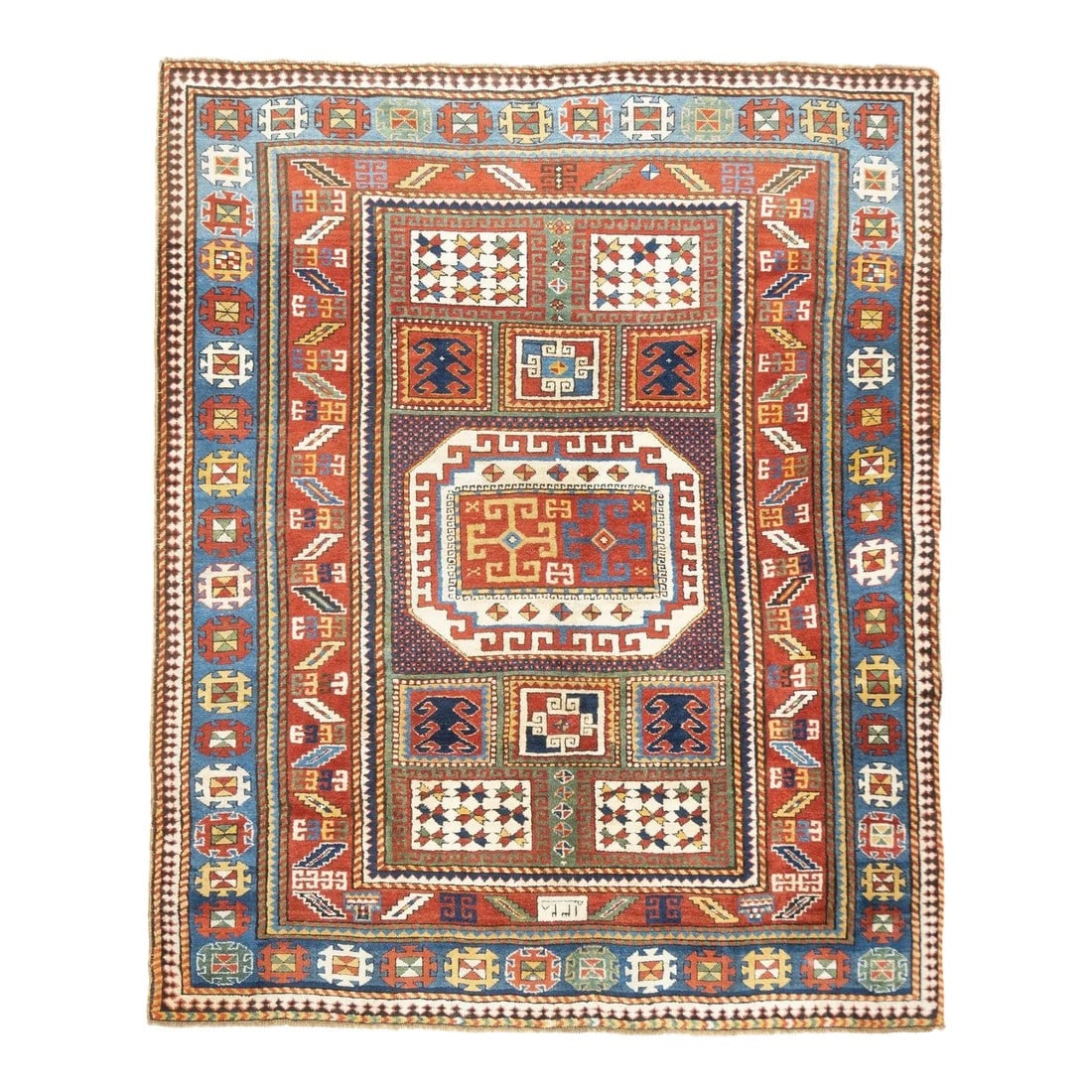 Antique Caucasian Kazak Rug 6'5'' X 7'11'': SW Caucasus/Armenia. Boldly patterned, strongly colored, totally geometric, all wool, coarse to moderate weave, medium to long pile, scatter format pieces, in medallion, allover and prayer (directiona