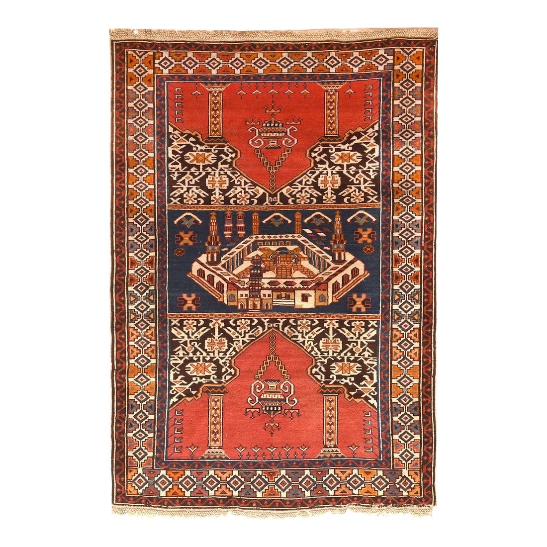 Antique Shirvan Rug 3'11'' x 5'5'': The royal blue central panel shows a semi-perspectival view of the Grand Mosque at Mecca, while the two vertically flanking sections depict flattened, converging Ghiordes-style red prayer niches with