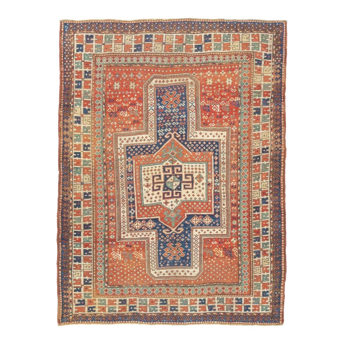 Antique Caucasian Kazak Rug 5'1'' X 6'10'': This sub-type of Kazak rug is related to the larger Sewan group, but here it shows a red and ecru central medallion, on a dark blue panel with end extensions, all speckled. The red field shows dots, s