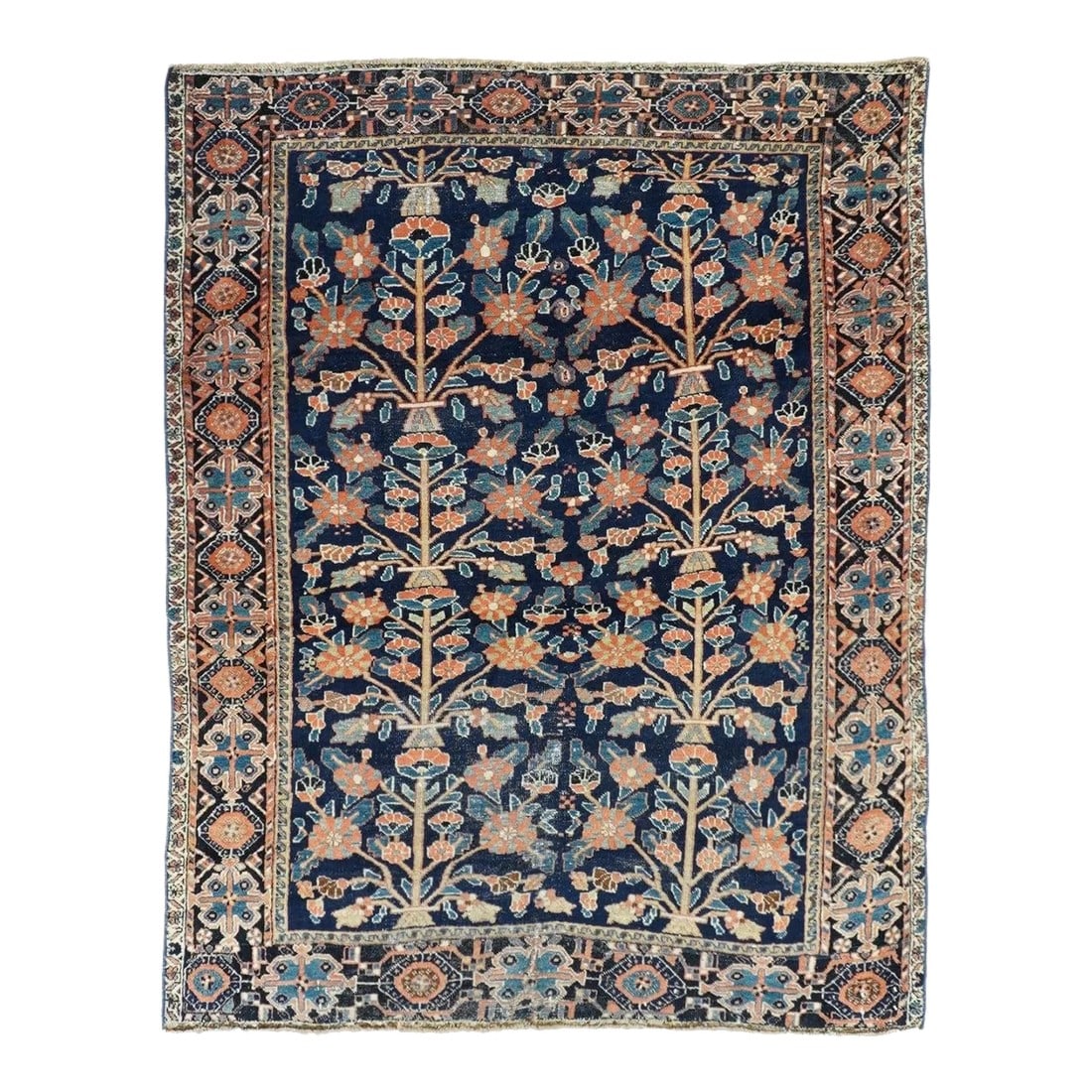 Antique Afshar Rug 3'11'' x 5'0'': This SE Persian nomadic small scatter features a navy field displaying two columns, each of four sequential upright plants in bloom with large and small flowerheads. Dark brown border with an alternat