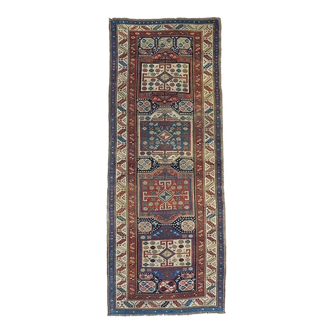 Antique Caucasian Rug 3'7'' x 9'3'': The navy field of this all wool construction, leathery handle, east Caucasian long rug (kellegi) hosts four squarish cartouches in red, ivory, dark blue- green and burnt salmon. Lozenges with long arm