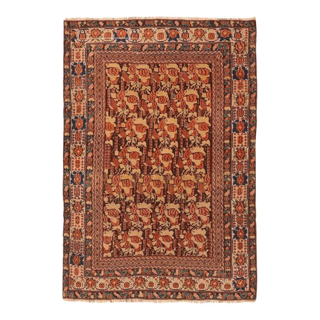 Antique Afshar Rug 4'4'' x 6'6'': This nomadic scatter has urban pretensions with a chocolate field displaying seven offset row of extremely stylized bouquets detailed in straw ad rust. Ecru main border of layered palmettes doubly lin