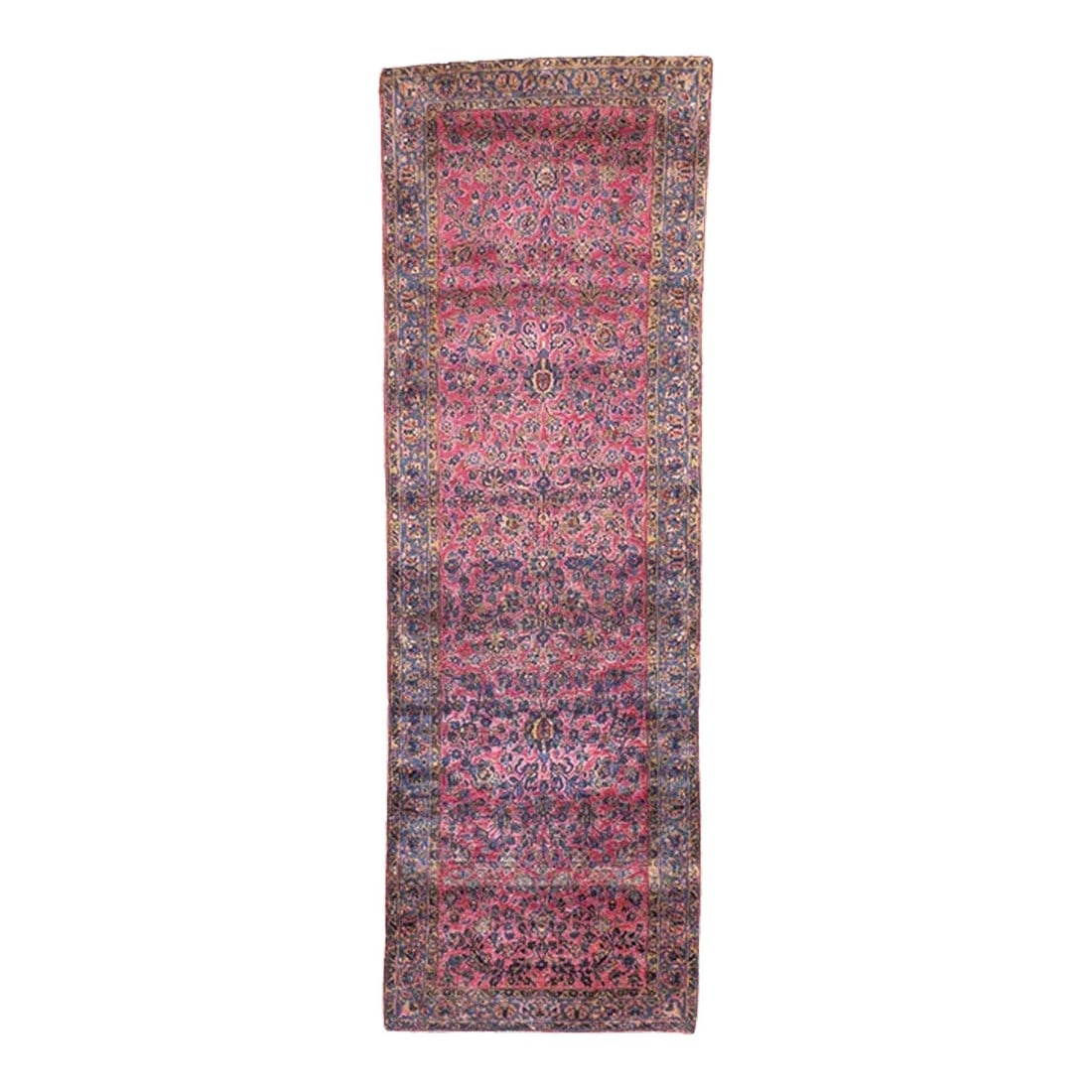 Late 18th Century Antique Persian Kashan 1'11'' x 5'11'': Central Persian city known for finely woven. room size and scatter rugs, with dominant reds and navy, and medallion patterns and swirling palmettes. Wool and a few silk pieces. Active since the 16th c