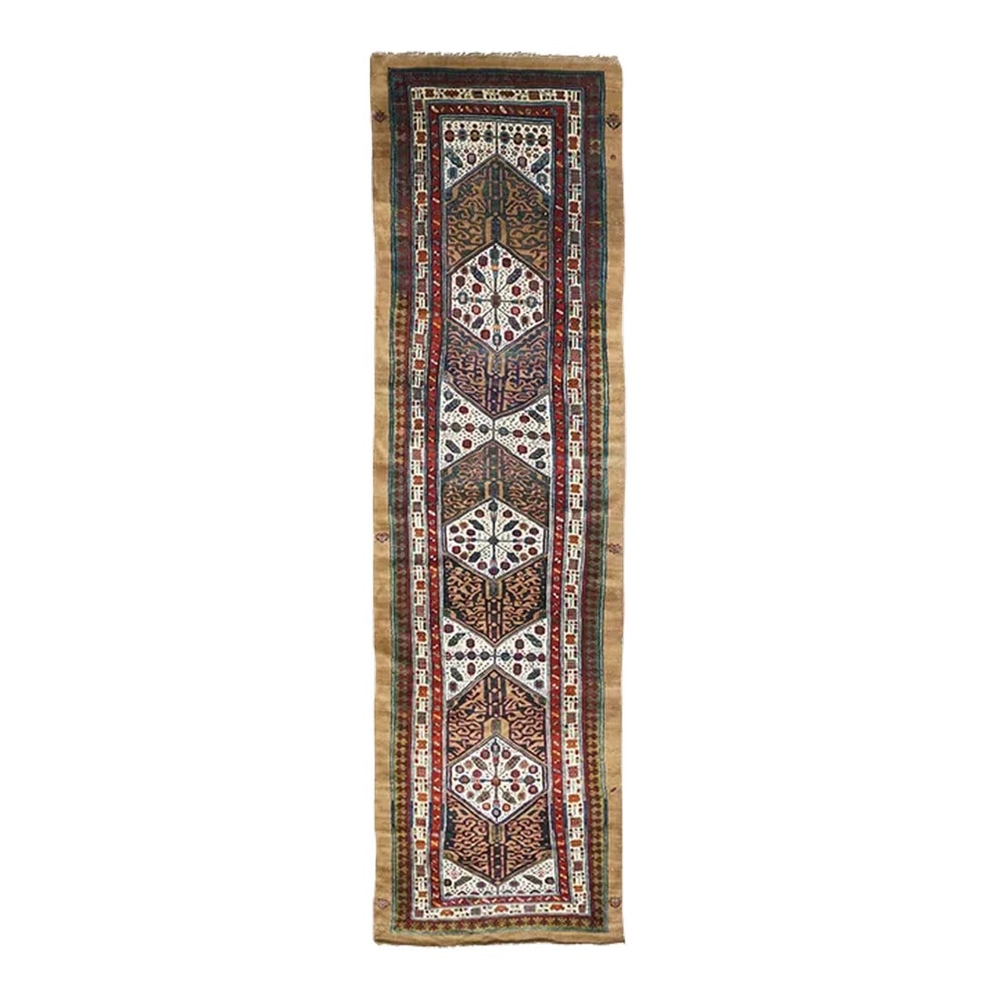 Late 18th Century Antique Bakshayesh Runner 3'8'' x 13'7'': In the Sarab style, but unusually on cotton, this rustic Kenare (runner) features three hexagonal camel tone panels enclosing smaller ecru hexagons, with en suite trapezoid fillers. Dark blue mazework