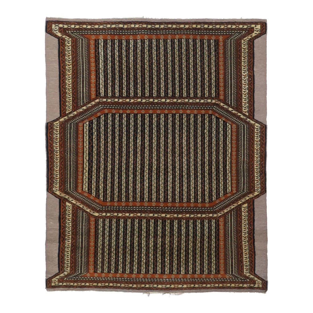 Vintage Ghouchan Rug 3'9'' X 4'10'': Stripes alternate in cream and near black, with uniform ribbon meanders. The octagonal section is beneath the rider and the other parts hang down to the left and right. Medium weave. Good condition.