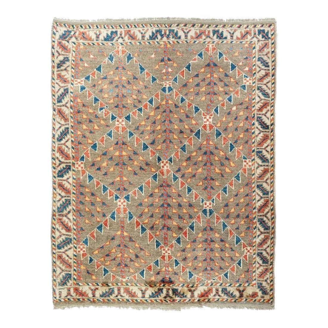 Vintage Veramin Rug 5'0'' X 6'5'': A bold, large-scale diamond lattice of one-way colorful triangles encloses in each cell a highly stylized tree (bush, flower?) with uplifted, oblique triangle b fringed branches (stems?), all on the