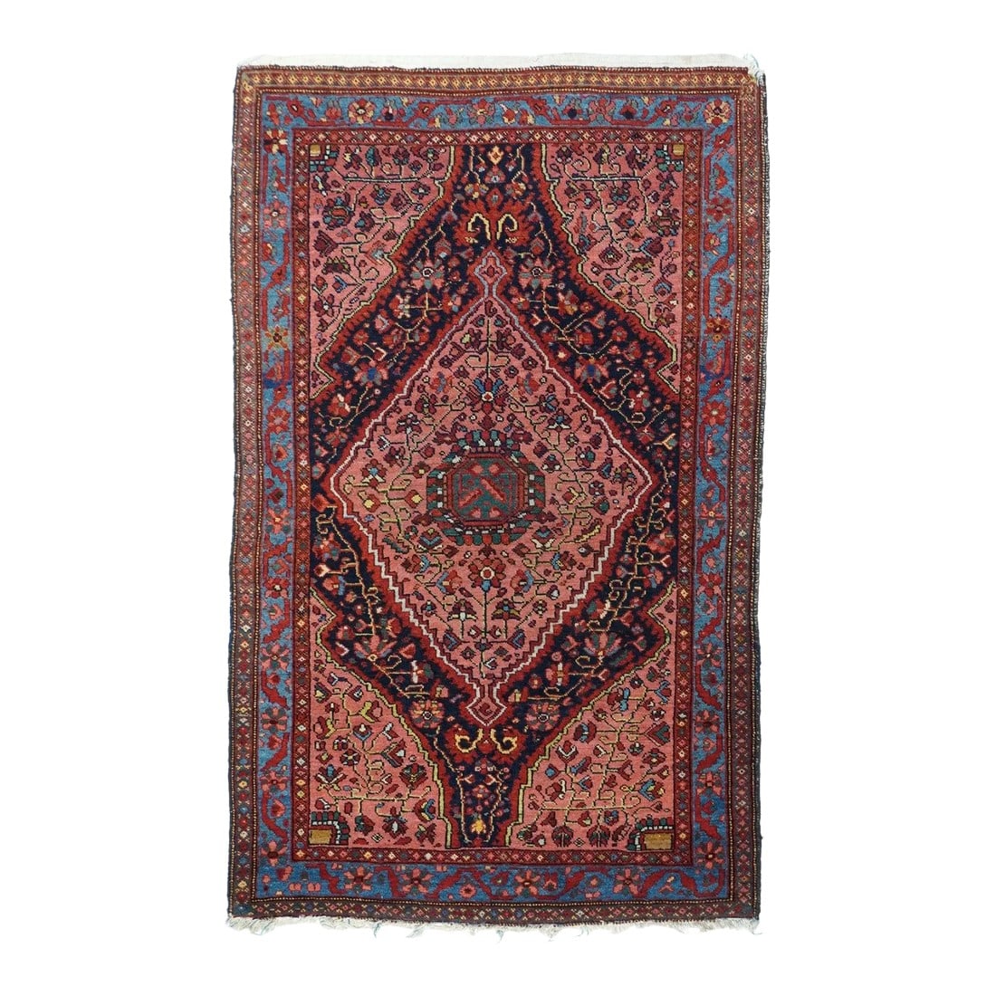 Antique Malayer Rug 3'2'' X 5'1'': Of the superior "Mishan" grade, this west Persian village scatter mimics Farahan Sarouk with its dughi rose lozenge medallion and convex corners on a navy ground. Flower trails in field, angular viner