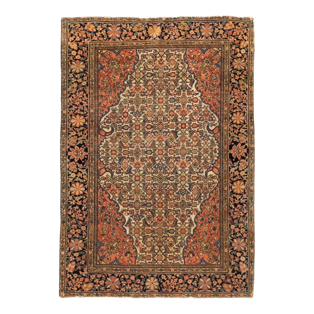 Late 18th Century Antique Farahan Sarouk Rug 3'5'' x 5': The scatter and room size pieces made in the Arak/Sultanabad area, between 1880 and 1910, with firm and leathery well-woven textures, and strong in red, navy and ecru tones, usually in medallion forma