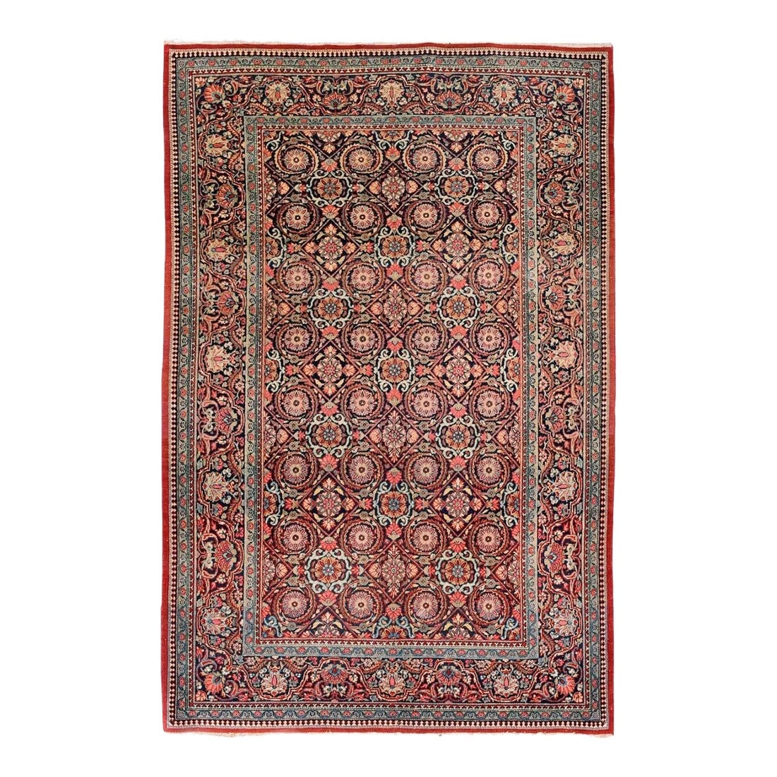 Antique Kashan Dabir Rug 4'4'' x 6'10'': Dabir Kashans were probably woven in the nearby town of Natanz and feature jewel-tone colors and often, as here, complex allover patters. Rosettes are the basic motif, in rows with embracing sickle le