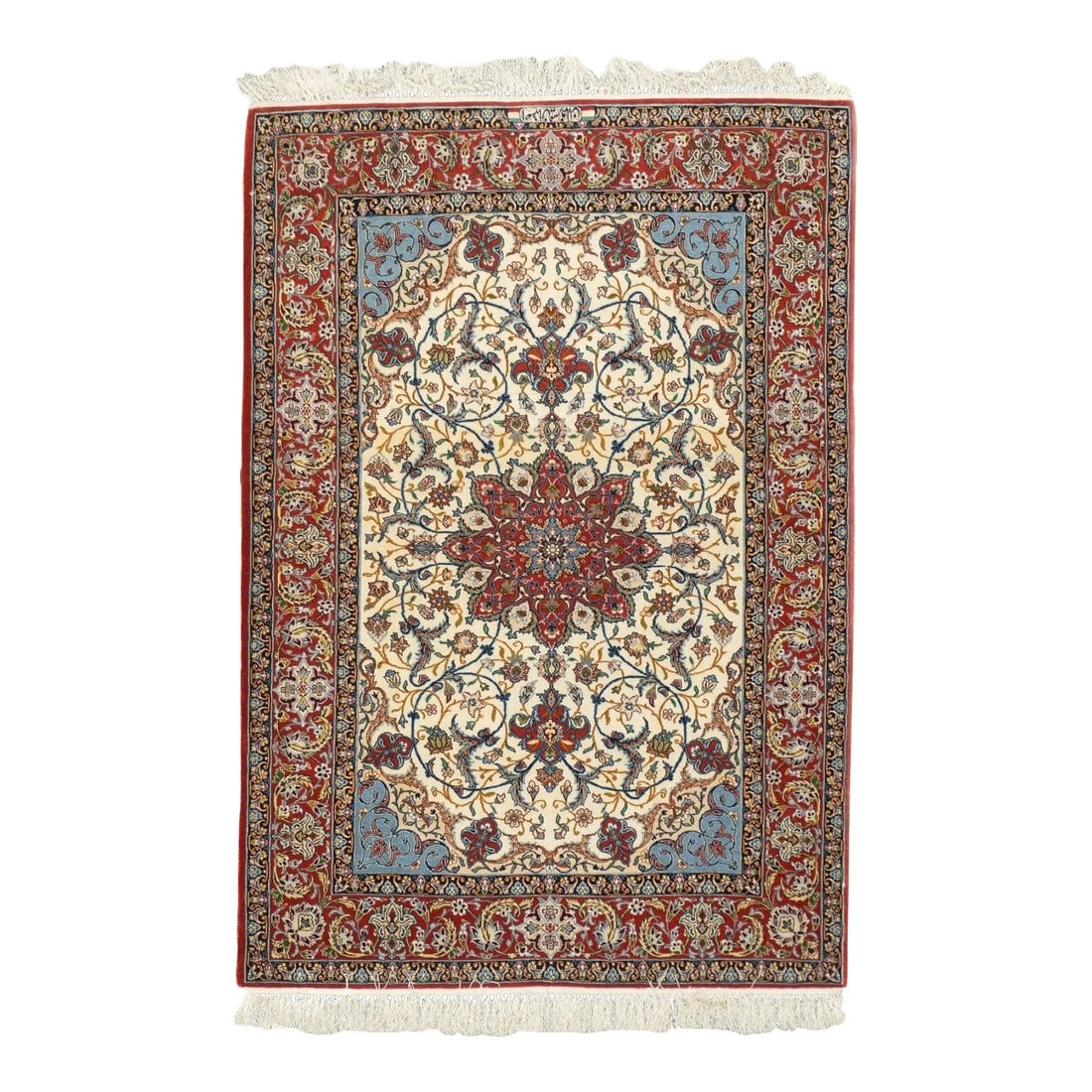 Extremely Fine Persian Isfahan Wool & Silk Rug 3'8'' X 5'3'': The picturesque, old Persian capital, which since the early 20th century has woven fine or extremely fine scatters to large carpets, often in complex medallion or allover layouts, with crisp colors, a