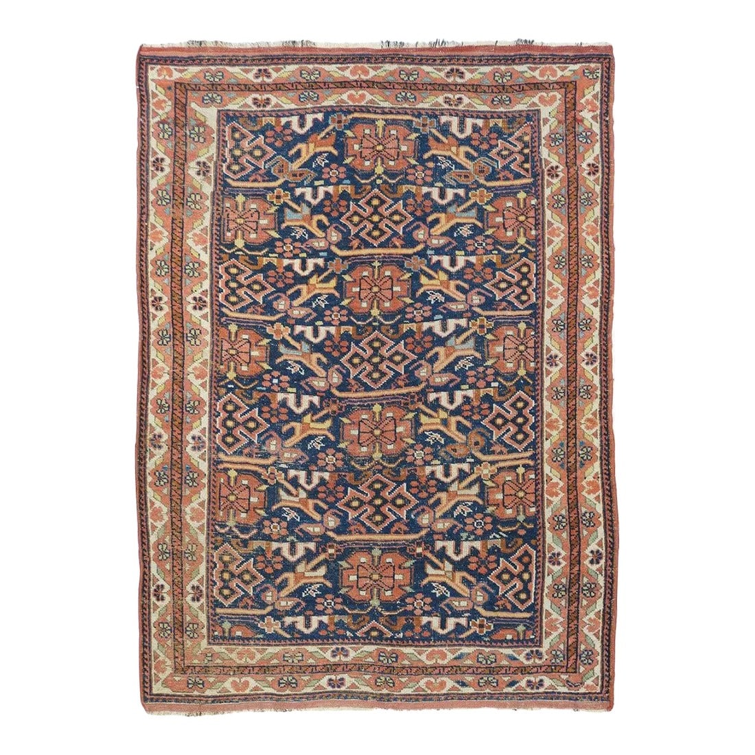 Antique Afshar Rug 4'2'' x 5'9'': This cute SE Persian nomadic scatter features a sapphire indigo ground seven horizontal bands of rosettes, Maltese crosses, angular cloud bands and a faceted, undulating vine segment. There could be r