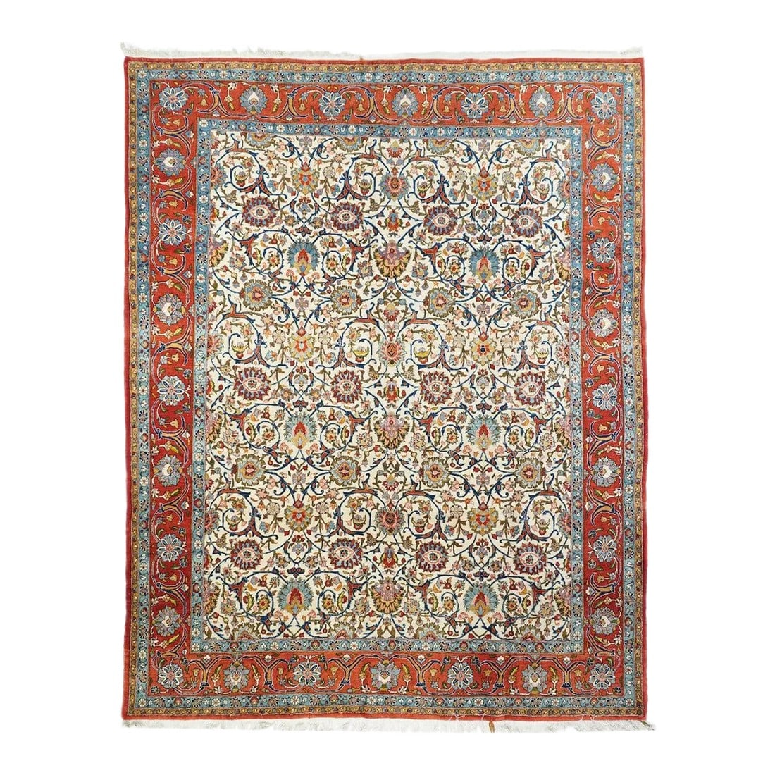 Vintage Qum Rug 7'4'' X 10'1'': A repeating pattern of curving and spiral vines, navy forked leaves, and a variety of medium-sized palmettes is Neatly balanced on the straw-sand field. Red border of well-spaced palmettes, rosettes