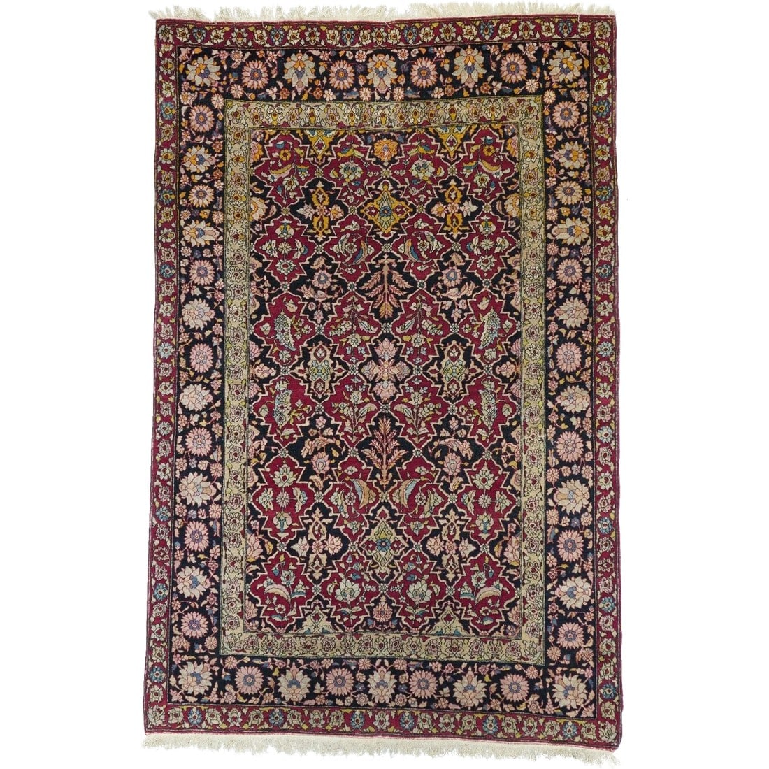 Antique Isfahan Rug 4'7'' x 7'10'': Not in the usual medallion style, but an allover cartouche lattice pattern in red and navy, of upright flowers and palmette quadrifoils Secondary tone abrash is evident in the old gold tone emerging