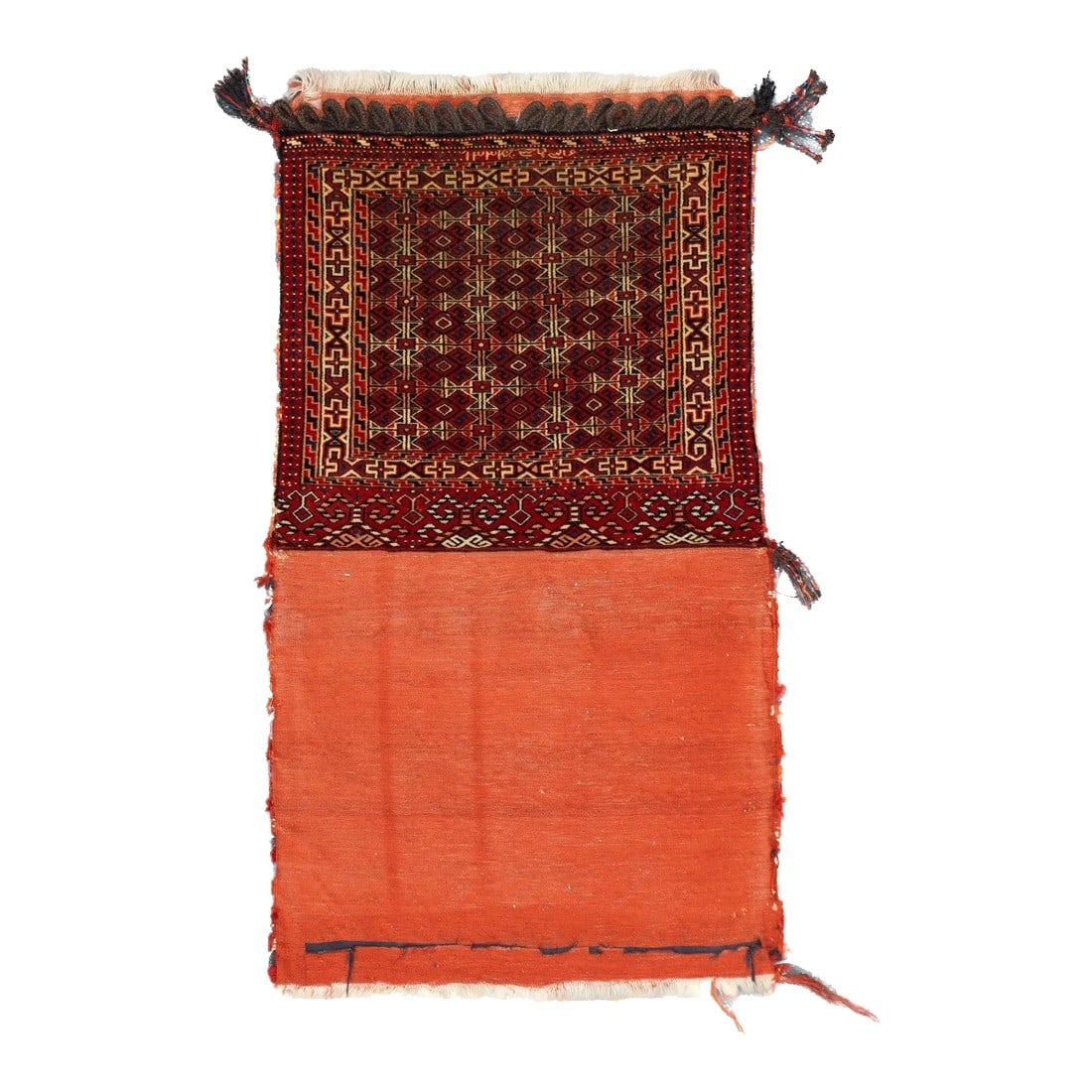 Antique Persian Turkmen Saddle Bag (One of Pair) 2'2'' X 3'4'': The rugs of the Central Asian/NW Persian/Afghanistan Turkic nomadic tribes employing guls (small medallions), wool from their own flocks, primarily red fields, and coarse to very fine knotting, in a w