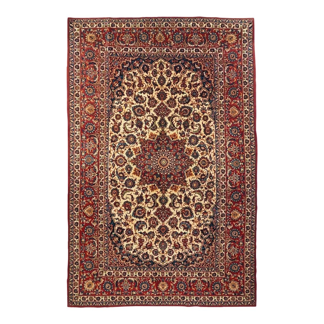 Fine Antique Persian Isfahan Rug 6'10'' X 11'0'': Classically Isfahan revival with an elliptical cream field centered by a red 8-point star medallion, closely supported by vinery and palmettes that shrink towardsÂ the field ends. Navy extended