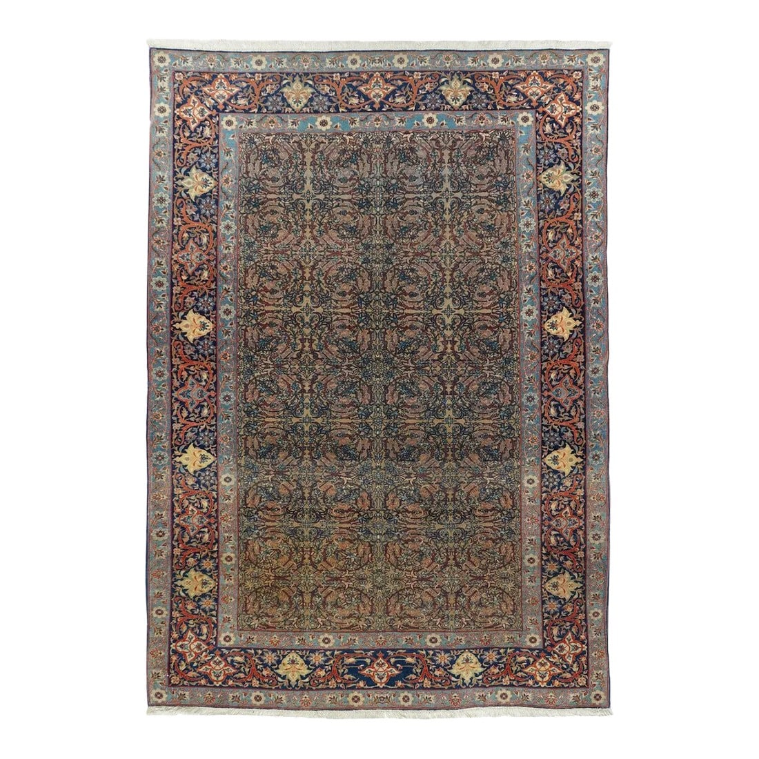 Late 18th Century Antique Mohtasham Kashan Rug 4'7'' x 6'8'': This unusual early 20th century central Persian town scatter shows a rusty salmon field very closely covered with a four by nine array of tightly coiled spiral arabesques, accented by cloud bands, pal