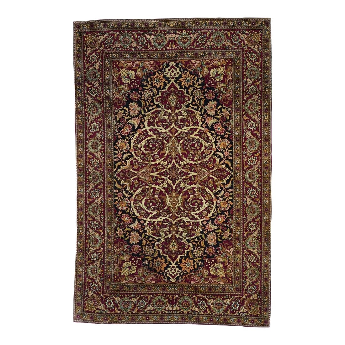 Antique Tehran Rug 4'8'' x 7'4'': The navy field passes right through the openwork medallion with its thick, springy volute vinery. Open escutcheon pendants. Ivory arabesque secondary pendants. Rust-red corners with stylized oblique