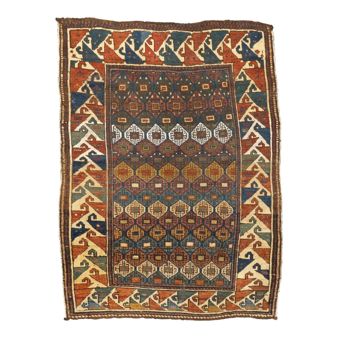 Late 18th Century Antique Kazak Rug 3'1'' x 4'3'': SW Caucasus/Armenia. Boldly patterned, strongly colored, totally geometric, all wool, coarse to moderate weave, medium to long pile, scatter format pieces, in medallion, allover and prayer (directiona