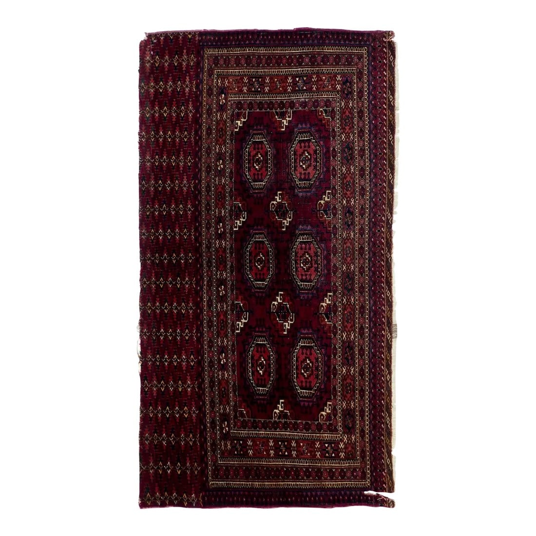 Antique Yamud Rug 2'6'' x 5'0'': The deep wine-red field displays two rows of three nested and hooked octagonal Salor tribal guls with rust-orange centres, all in the Tekke manner, with quartered minor guls between. Tonally en suite 