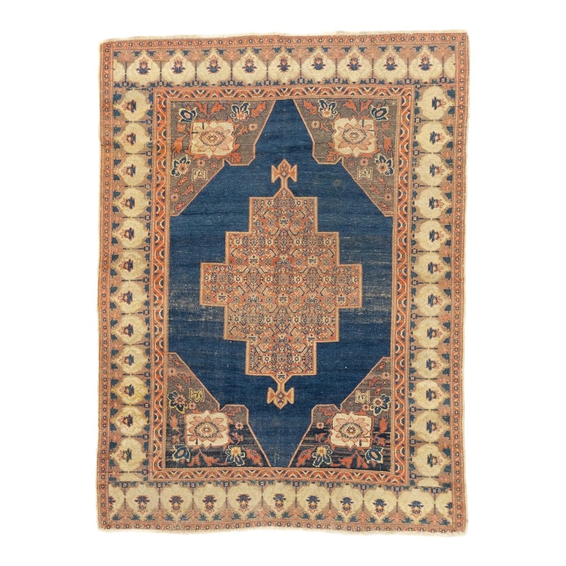 Antique Persian Senneh Rug 4'6'' x 6'2'': Senneh (or Sanandaj) is the seat of Kurdistan Province and weaves single-wefted, short-pile workshop pieces, primarily scatters, on cotton or silk warps, in medallion and repeating patterns. Also