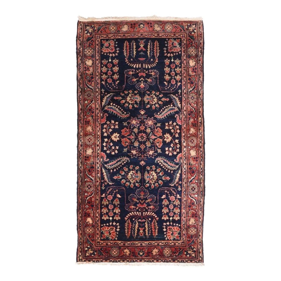 Antique Mohajeran Sarouk Rug 2'9'' x 5'2'': Dark blue ground Sarouks are often attributed to Mohajeran village in the Arak district, famous for particularly well rendered pieces. The rich dark indigo field shows symmetrical leaves, floral