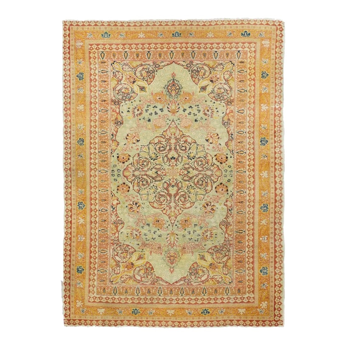 Late 18th Century Antique Tabriz Haji Jalili Rug 4'4'' x 6'4'': This antique scatter from an esteemed NW Persian city shows a straw field centred by a coral-rust volute medallion. Fan palmette vinery Â runs conformably along the medallion's sides.