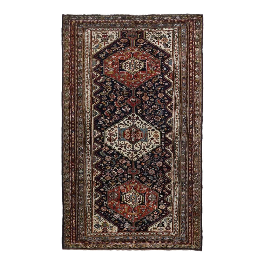 Antique Khamseh Tribal Rug 5'8'' x 9'3'': Antique Khamseh Tribal Rug 5'8'' x 9'3''. Condition: Alterations: Unknown Imperfections: Some Imperfections Condition Notes: Good Dimensions: Height: 0.01 in. Width: 68 in. Depth: 111 in. Category: Ru
